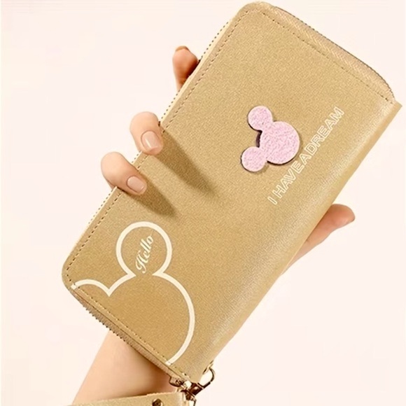 Minnie Mickey Mouse Wristlet Clutch  Convertible Long Wallet Tan Champagne Gold - Picture 2 of 16